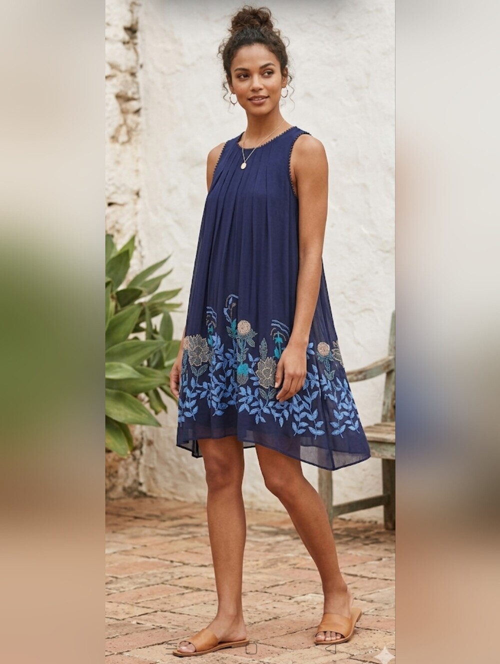 Anthropologie Floral Beaded Babydoll Dress Navy Blue Embroidered
